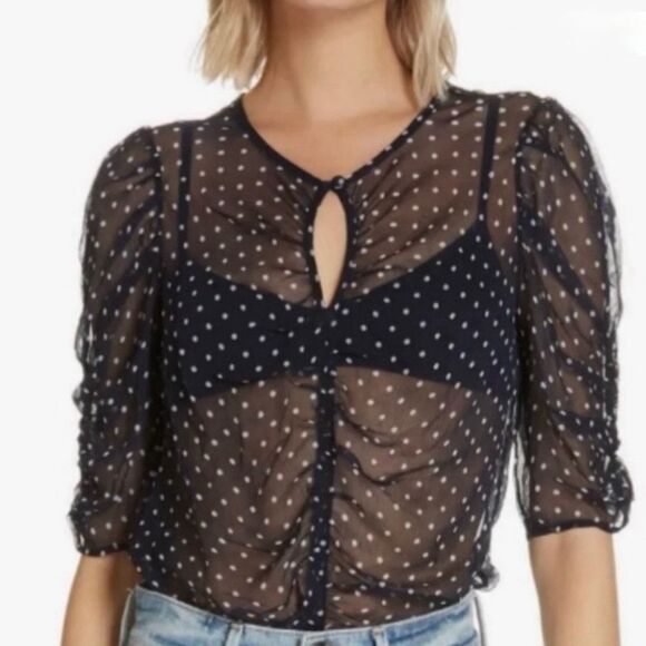 🖤🔥 FRAME Sheer Navy Polka Dot Ruched Puff Sleeve Top Medium - Picture 2 of 9